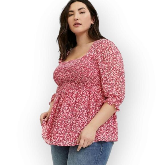 Torrid Babydoll Chiffon Smocked Floral Pink Top - Picture 1 of 9